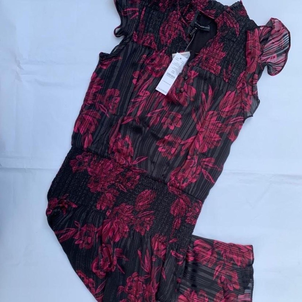NWT WHBM Smocked Waist Midi‎ Ruffle Black Floral Shimmer Black Dahlia High Neck - Picture 7 of 9